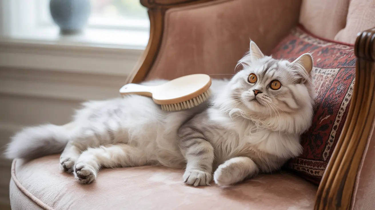 A fluffy white and silver Persian cat lounging on a chair with a grooming brush nearby