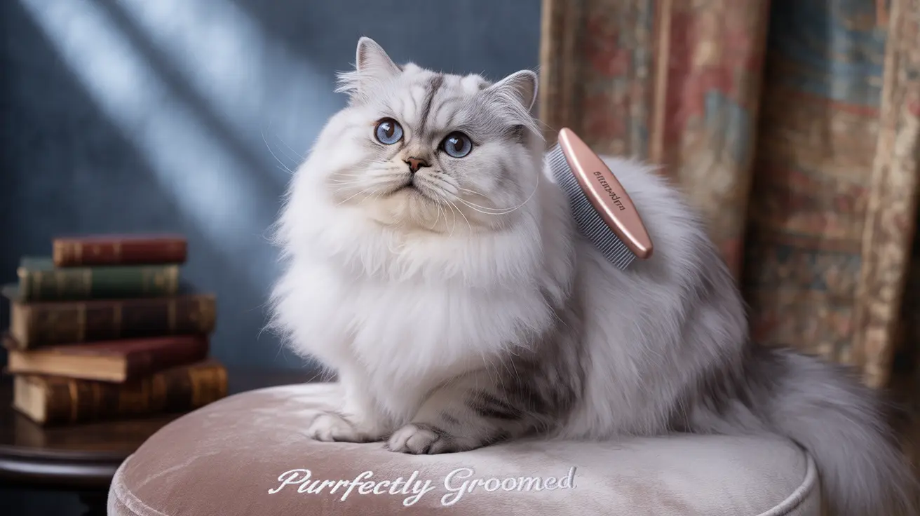A pristine white and silver Persian cat sitting elegantly on a velvet cushion with a grooming brush nearby.