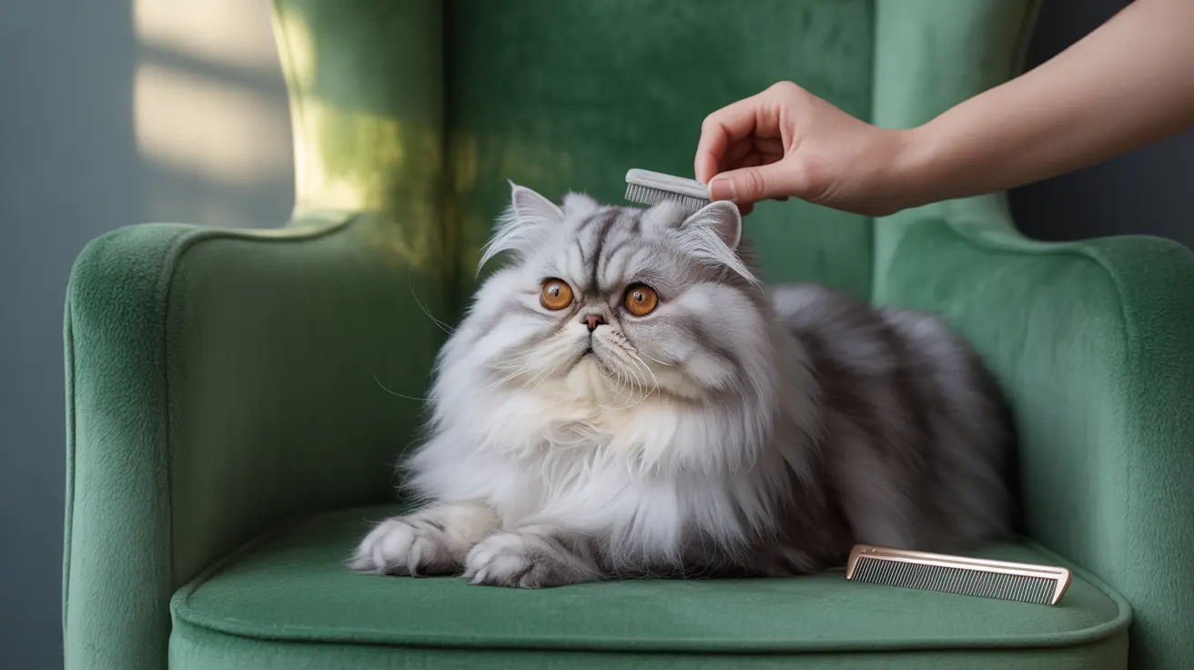 Un gato persa blanco y plateado esponjoso siendo acicalado en un sillón verde