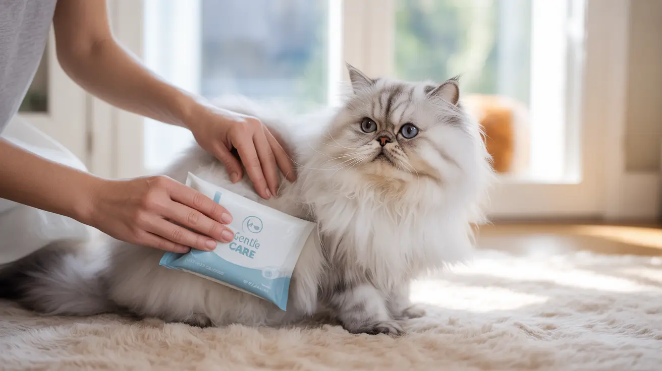 A fluffy white Persian cat being groomed with pet wipes near a sunny window