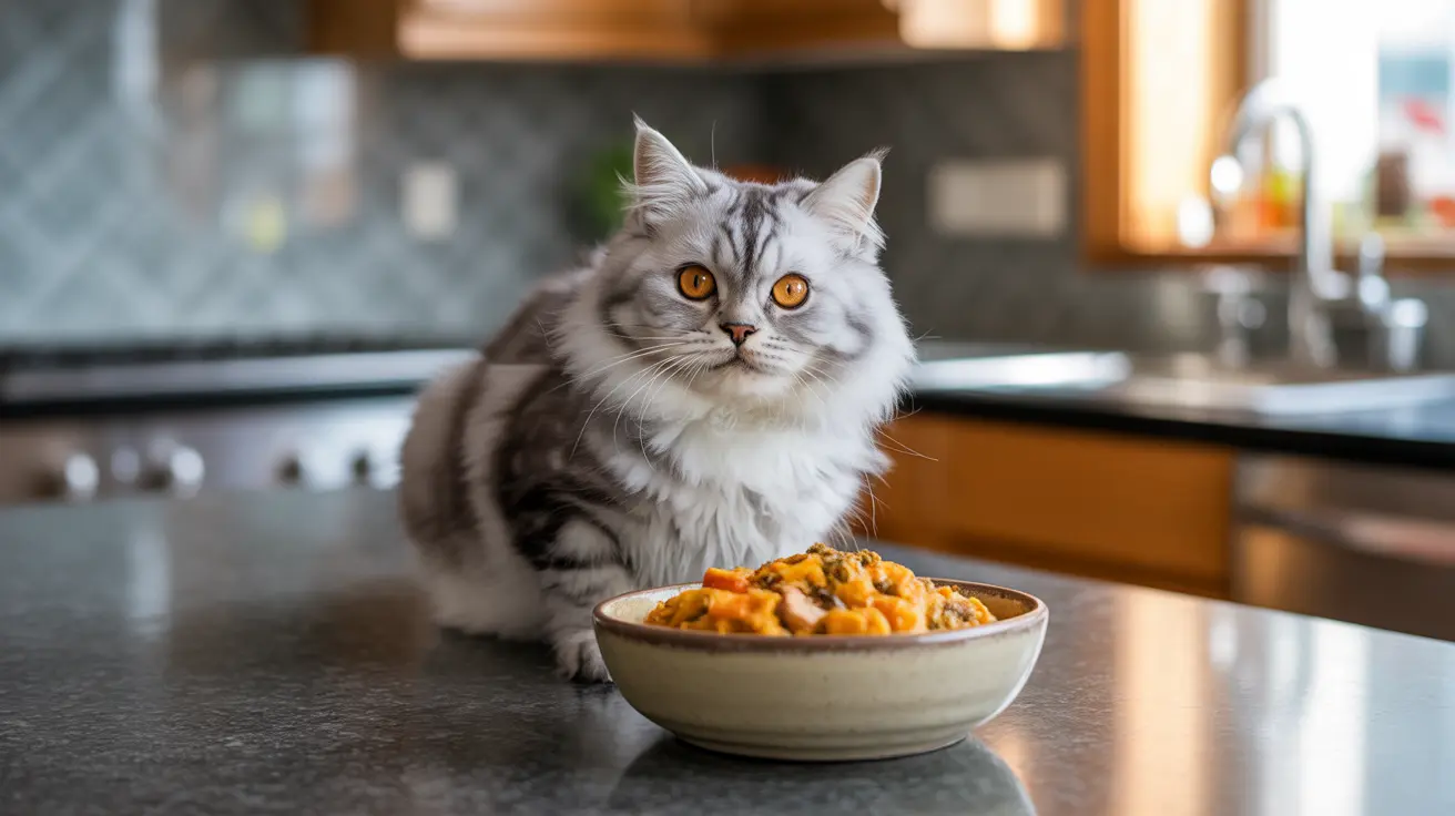 A fluffy white and gray Persian cat sitting next to a bowl of food in a modern kitchen