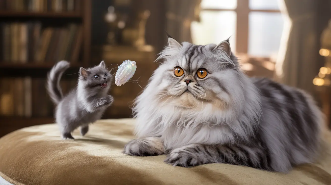 Um grande gato persa felpudo sentado ao lado de um pequeno gatinho brincalhão com um brinquedo cintilante.