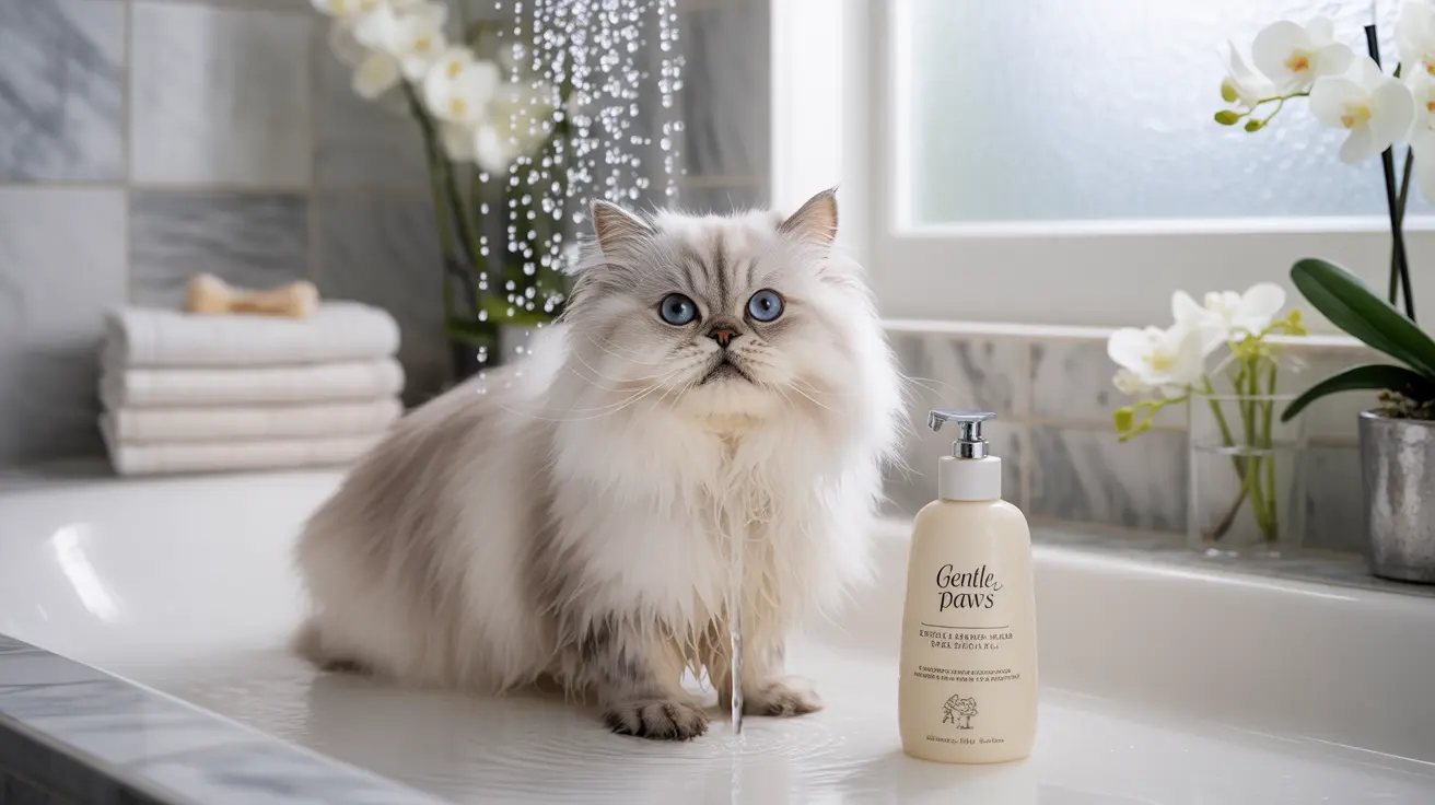 Fluffy white Persian cat sitting on marble countertop next to a Gentle Paws grooming shampoo bottle with water droplets and orchid flowers in the background