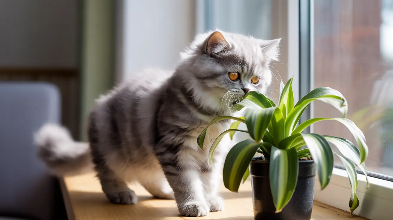 A fluffy Persian cat sitting next to a potted green plant by a window