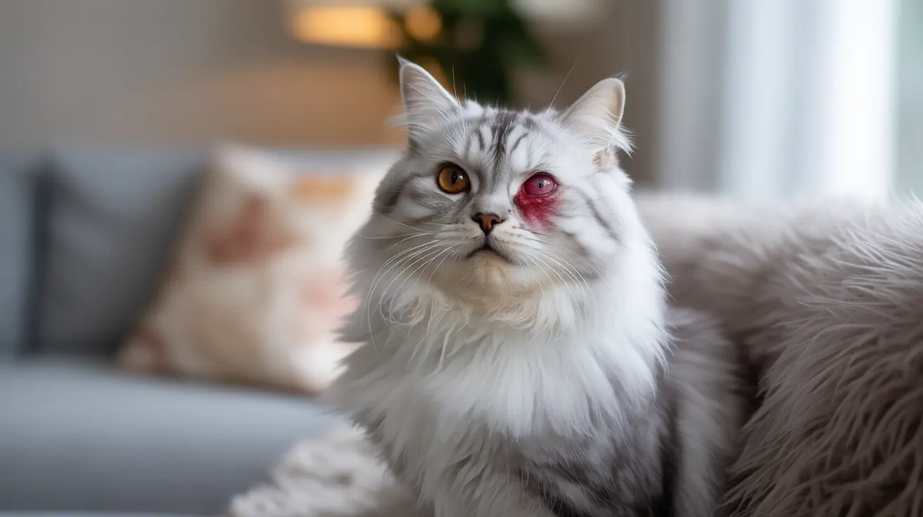 White and gray Persian cat with red, swollen eye on a couch