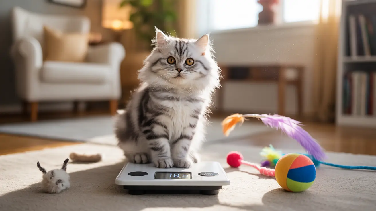 A fluffy white and gray Persian cat sitting on a digital scale surrounded by colorful cat toys in a cozy living room