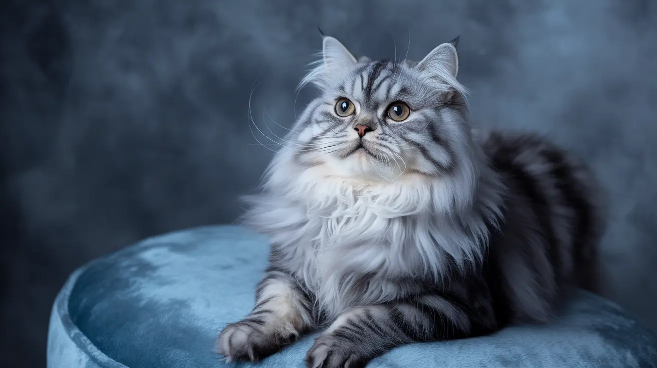 A majestic long-haired silver and white Persian cat sitting elegantly on a blue cushion against a dark, moody background