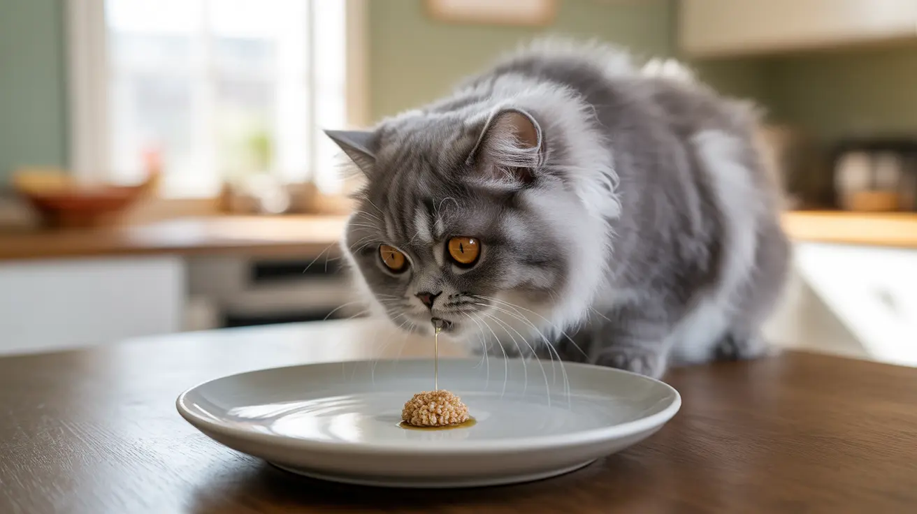 A fluffy gray Persian cat looking intently at a small mound of food on a white plate