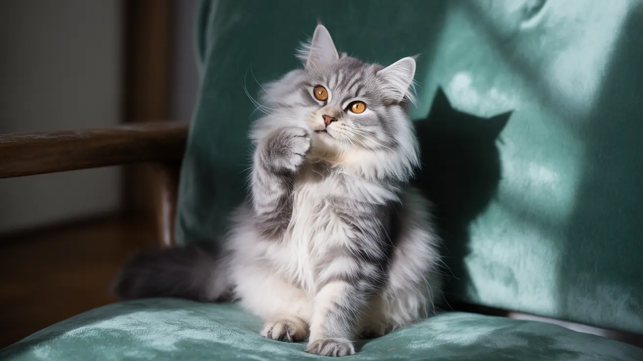 A fluffy silver-gray Persian cat sitting upright on a teal velvet chair with an elegant, contemplative pose