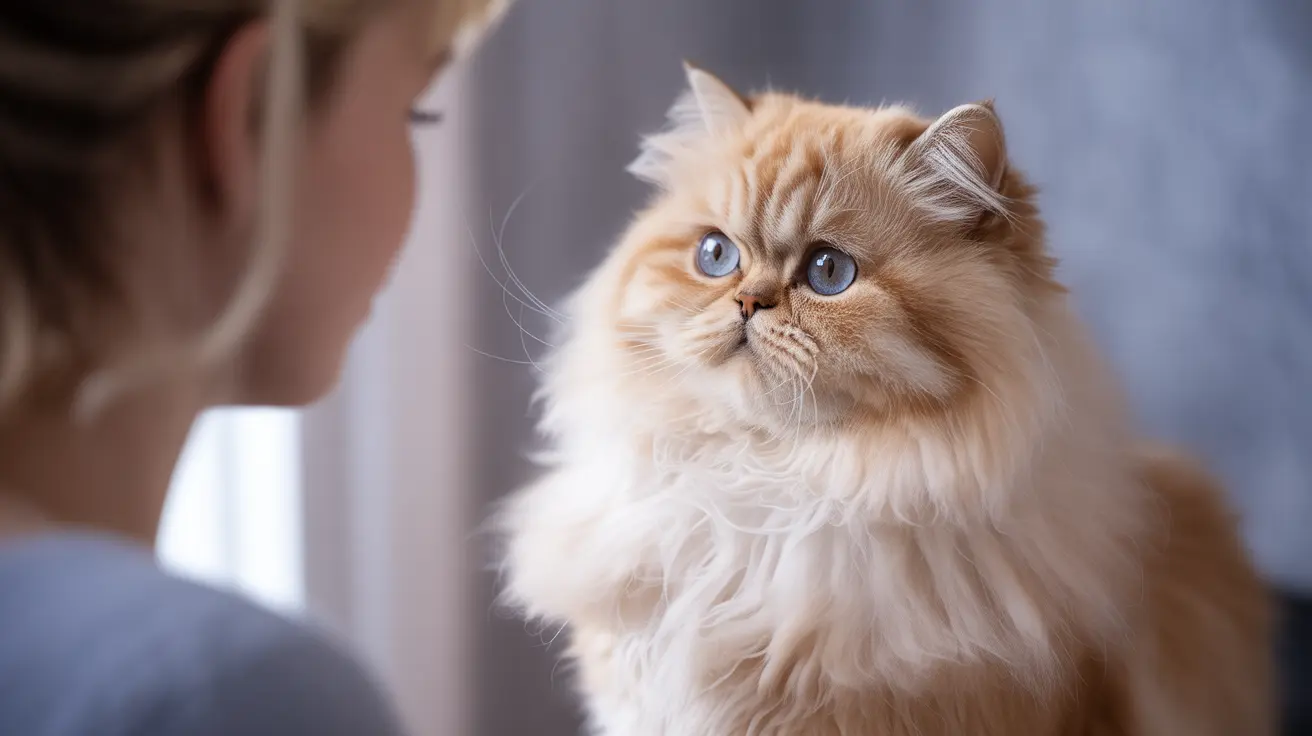 Fluffy Persian cat with blue eyes sitting calmly during a veterinary examination