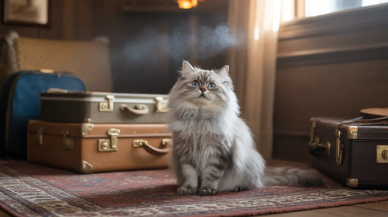 A fluffy white Persian cat sitting elegantly on a patterned rug surrounded by vintage suitcases