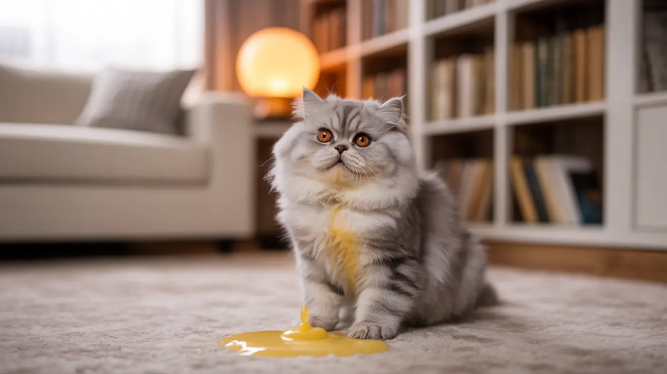 Fluffy Persian cat sitting next to a puddle of yellow liquid, looking slightly guilty or confused