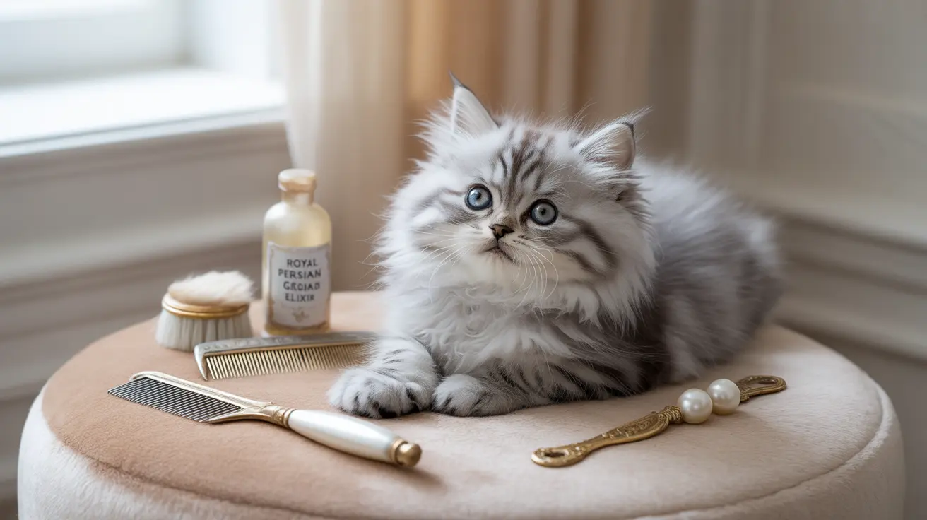 A fluffy white and gray Persian kitten sitting elegantly on a beige cushioned surface surrounded by grooming accessories.
