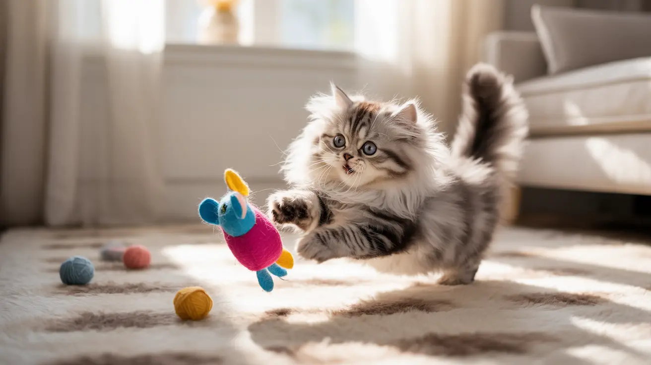 A fluffy white and gray Persian kitten playing with a colorful toy in a sunlit living room