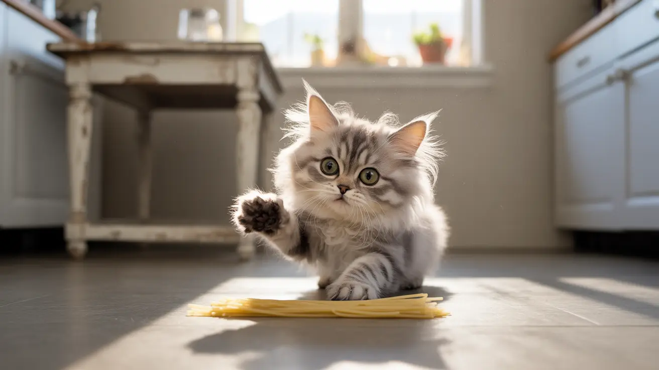 A fluffy Persian kitten sitting near some uncooked spaghetti pasta, raising one paw playfully