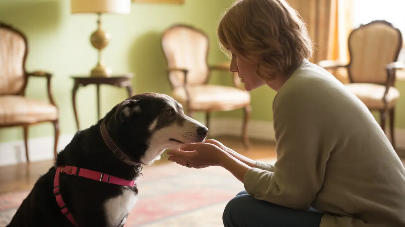 A happy pet owner gently communicating with their dog in a peaceful home setting