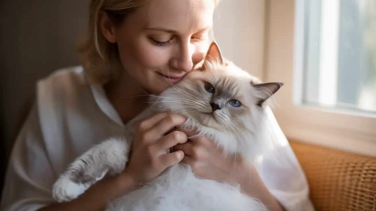 A tender moment between a person and a fluffy white Ragdoll cat near a sunlit window