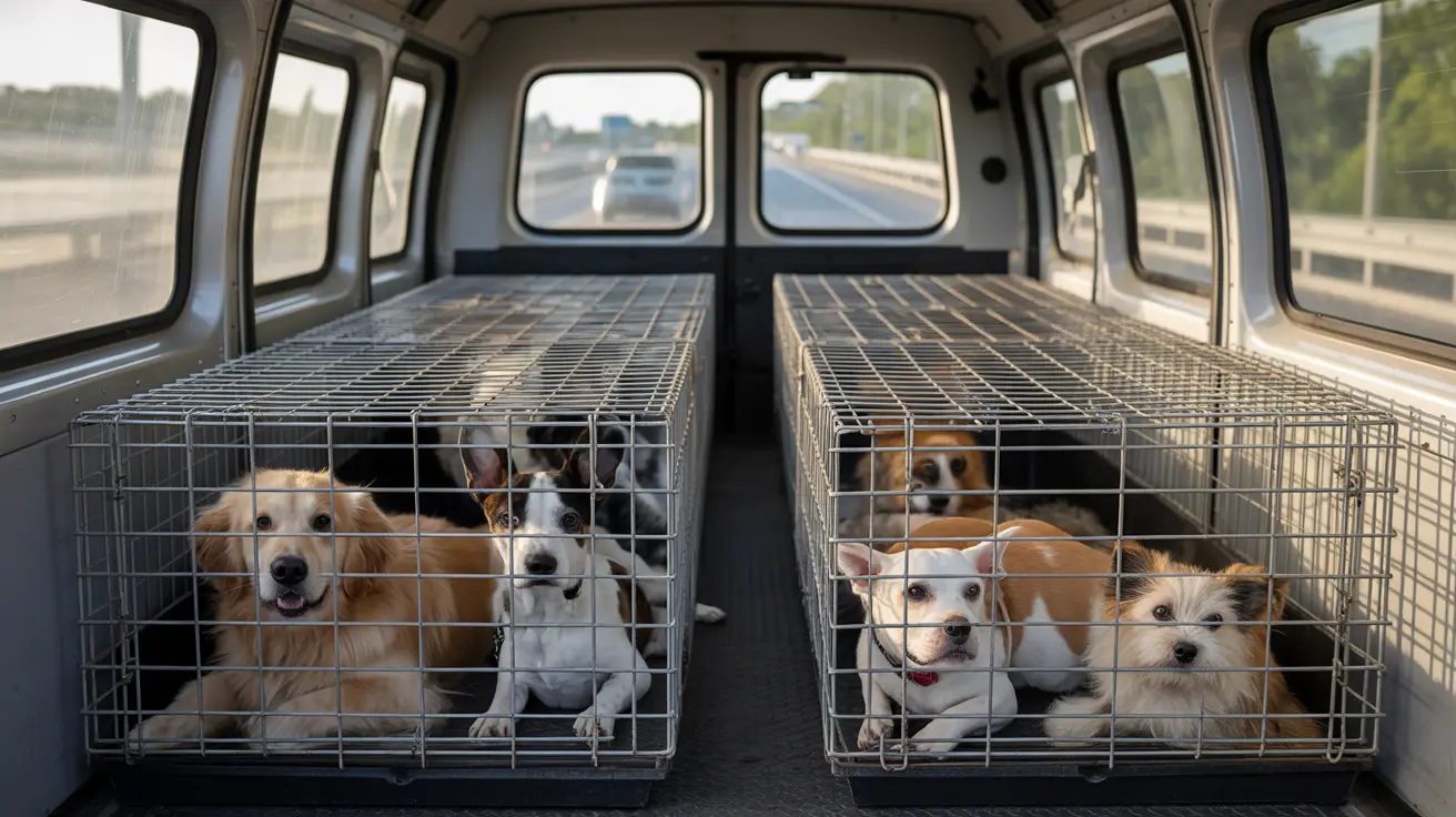 Varios perros de diferentes razas sentados en jaulas de alambre dentro de un vehículo de transporte viajando por una autopista