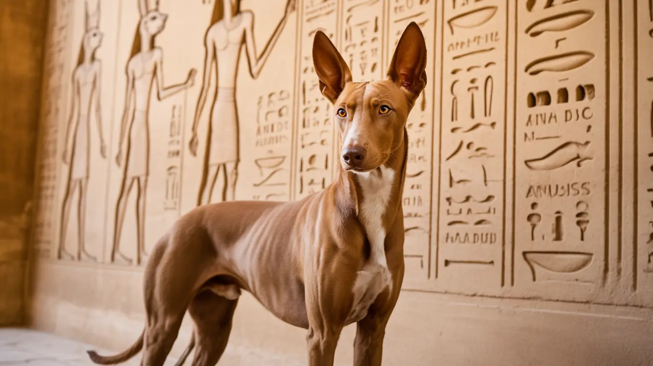 A regal Pharaoh Hound standing in front of Egyptian hieroglyphic wall carvings