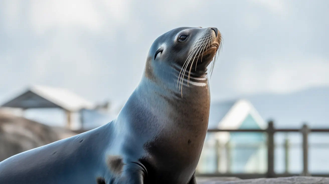 頭を上に向けて木製の表面に直立して座っているアシカ。曇り空を背景にしている。