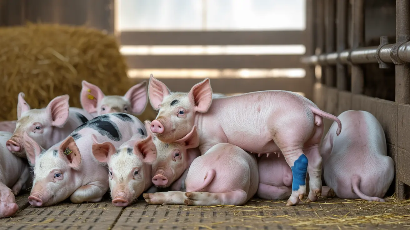 Pig farm facility showing pigs in housing units with surveillance cameras installed for monitoring welfare