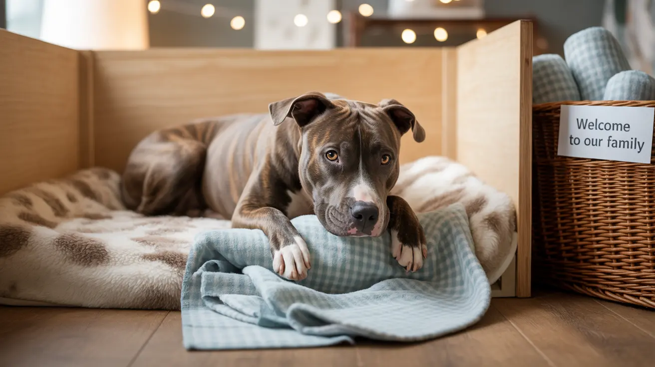 A gentle-looking Pit Bull dog resting in a cozy home setting with a 'Welcome to our family' sign nearby.