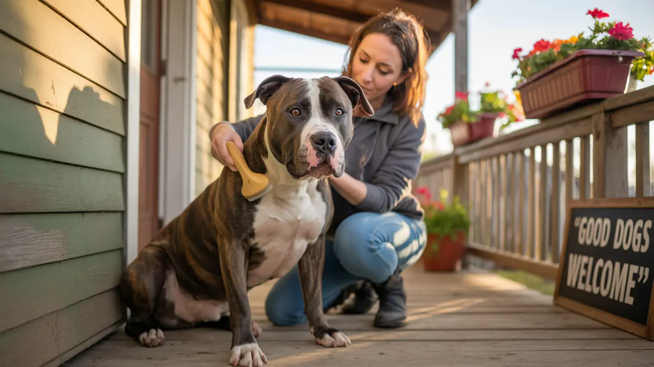 A Pit Bull sitting calmly on a wooden porch while being groomed by its owner