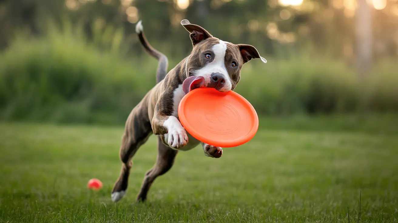 An energetic Pit Bull mid-leap, catching a bright orange frisbee in a grassy outdoor setting