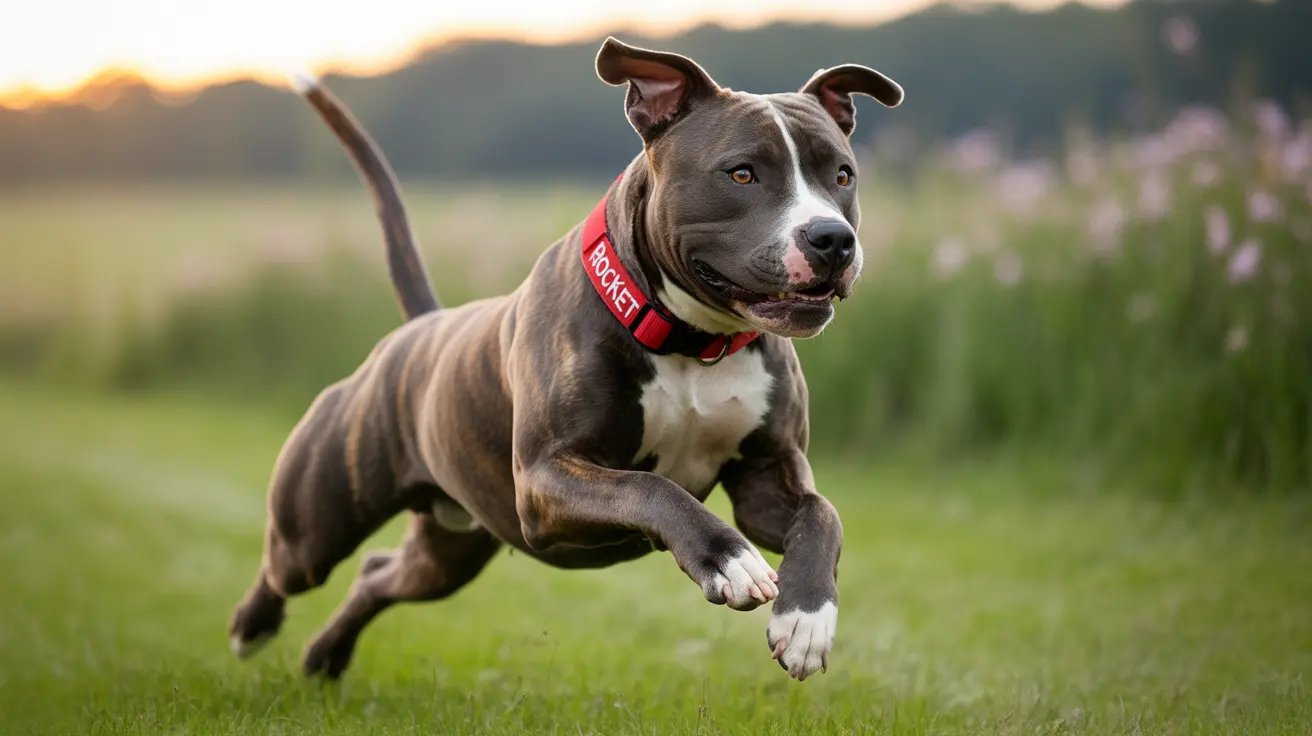 An energetic Pit Bull leaping mid-air across a grassy field with a blurred natural background