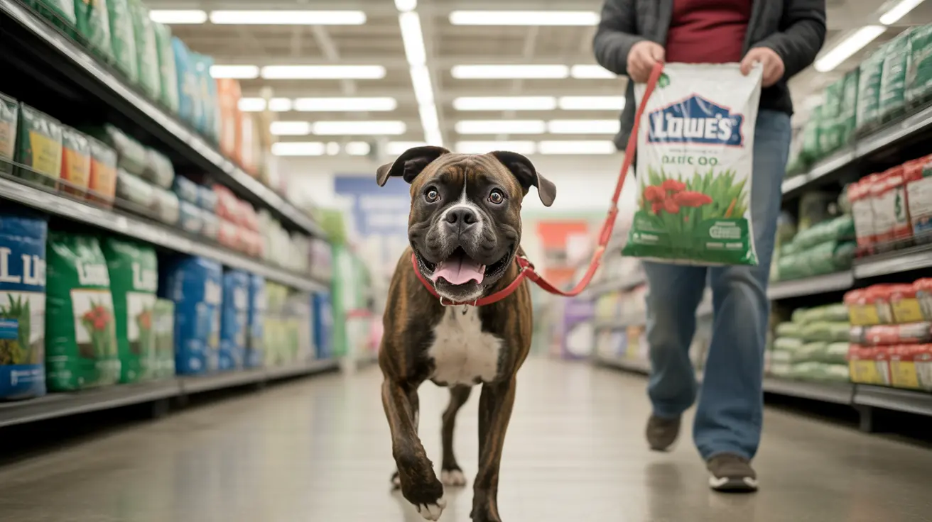 A happy Pit Bull walking on a leash through a Lowe's home improvement store aisle