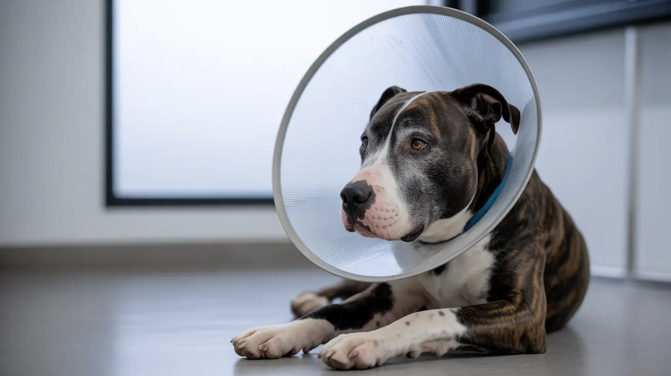 Un Pit Bull Terrier portant un collier protecteur en forme de cône allongé sur un sol propre dans une clinique vétérinaire