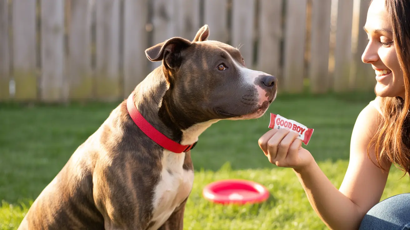 A Pit Bull sitting attentively while being offered a 'Good Boy' treat by a smiling person in a backyard setting.