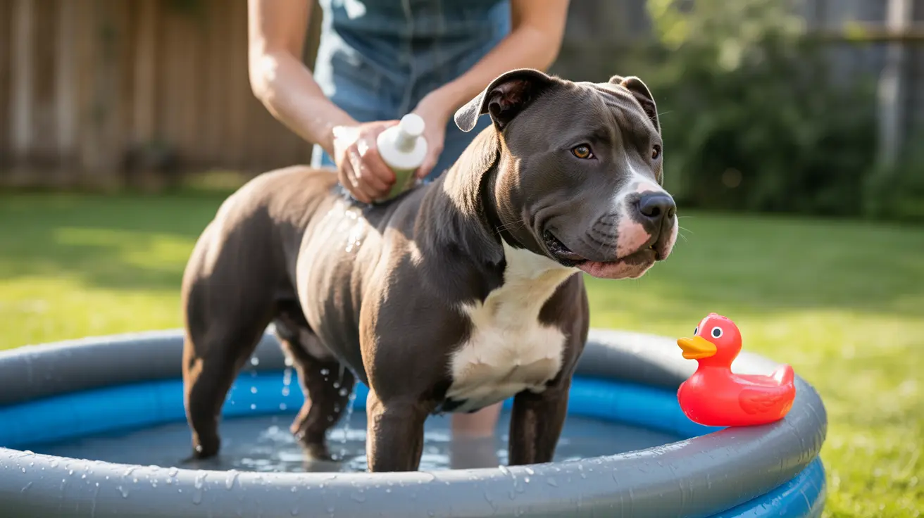 A Pit Bull dog being bathed in an inflatable blue kiddie pool with a red rubber duck toy