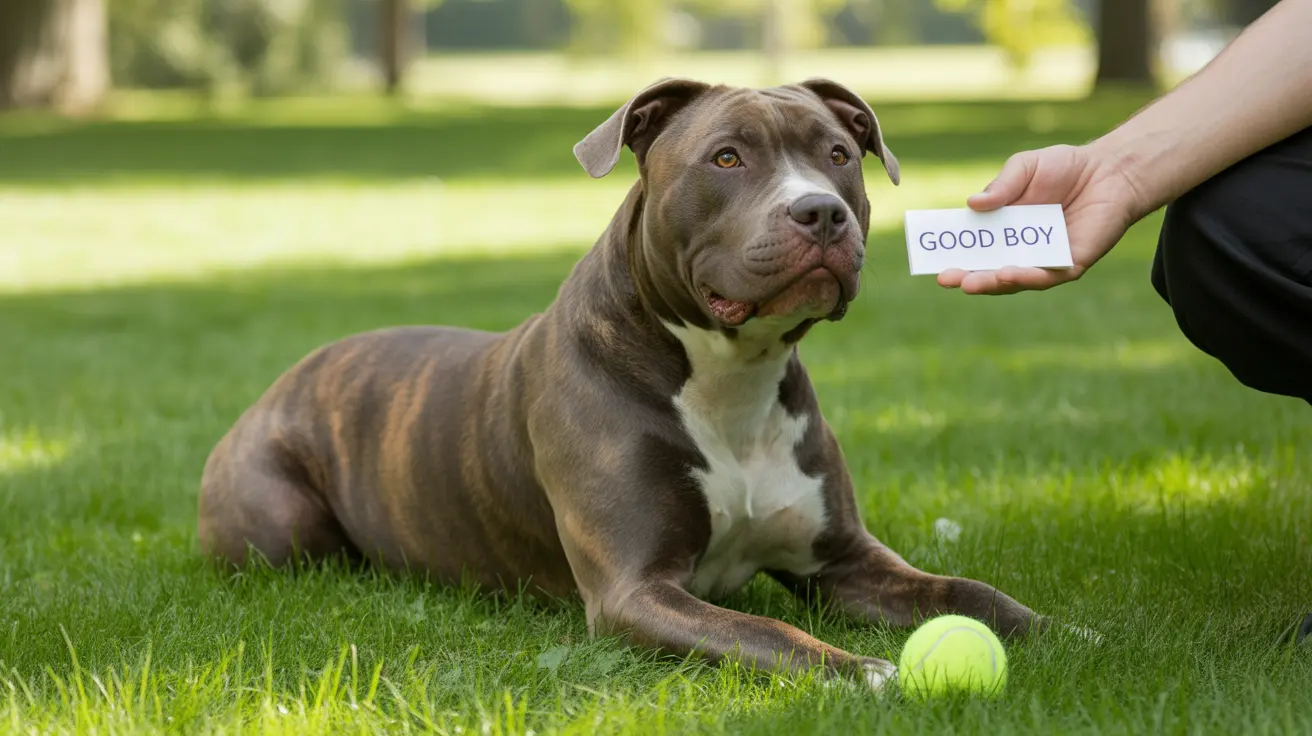 A well-behaved Pit Bull dog receiving praise with a 'GOOD BOY' note while sitting on grass near a tennis ball
