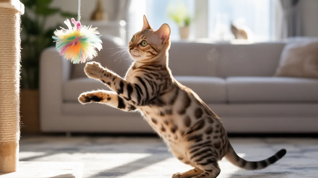 A playful Bengal cat leaping and reaching for a colorful fluffy hanging toy in a bright living room