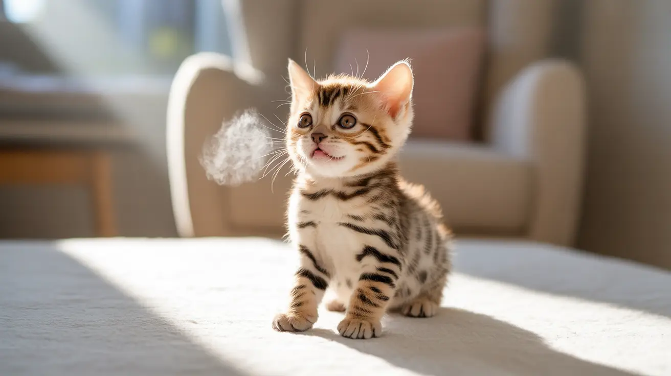 Um gato Bengal brincalhão sentado em uma superfície macia, sob luz do sol, com expressão alerta e fofa.