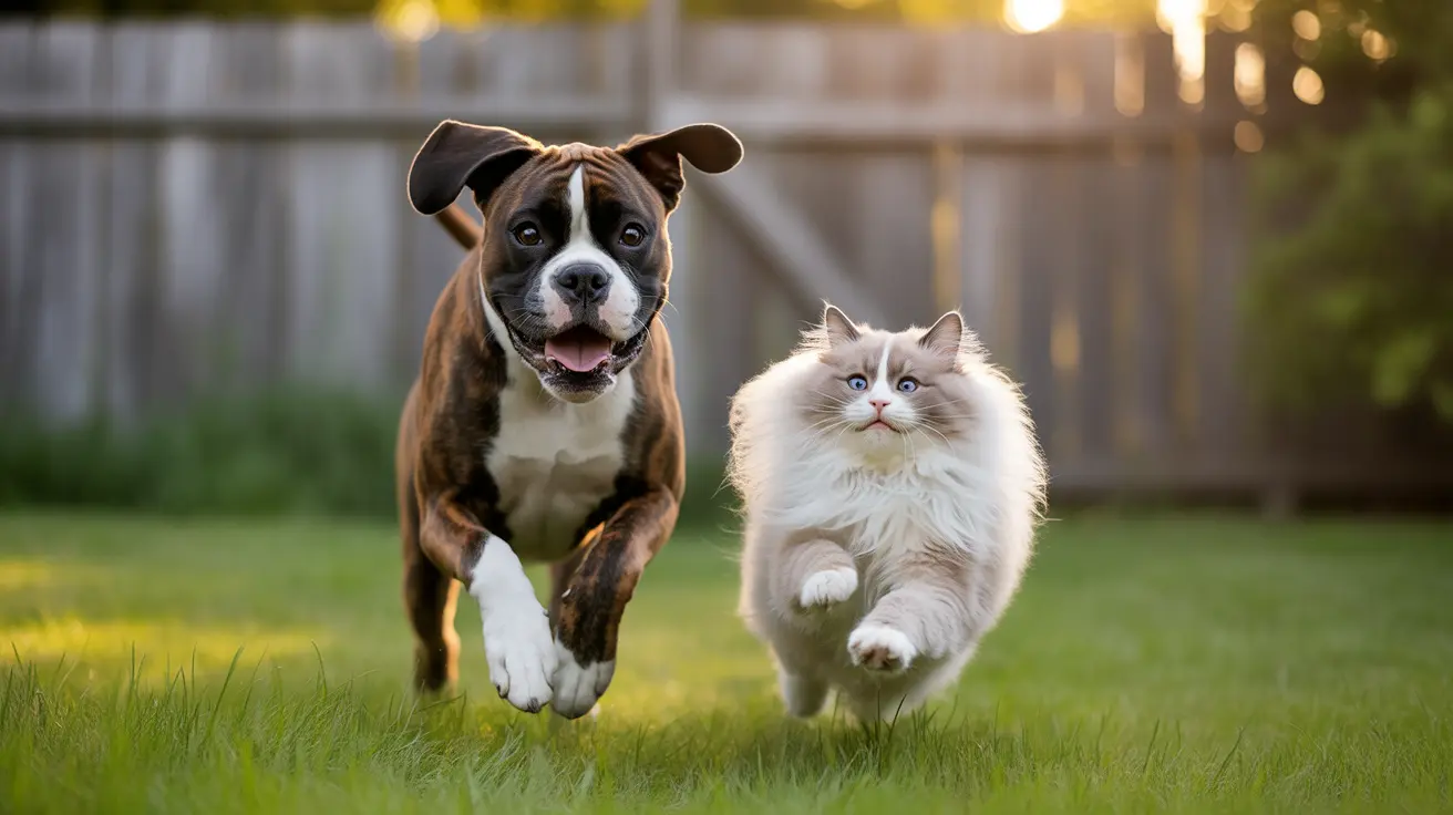 Um cachorro boxer brincalhão e um gato branco e fofo correndo juntos em um quintal ensolarado