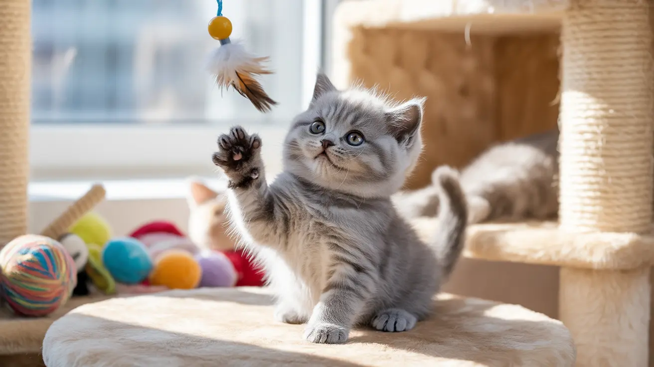 Playful British Shorthair kitten reaching for a hanging feather toy surrounded by colorful cat toys