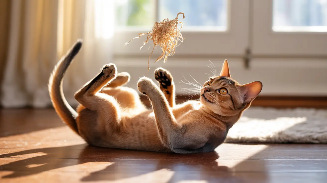 A playful cat lying on its back, batting at a dangling piece of cat toy in bright sunlight