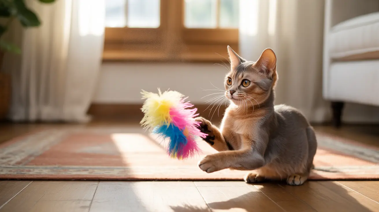 Playful cat with colorful feather toy on sunlit floor near window