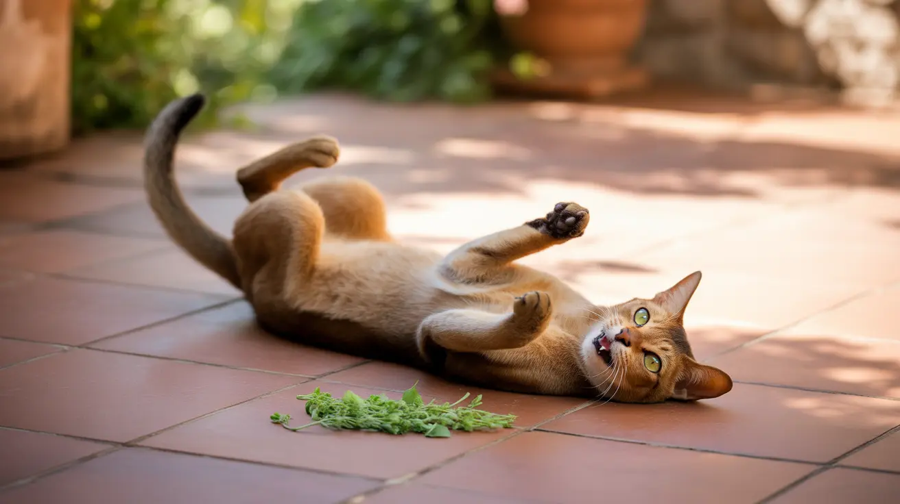 テラコッタタイルの上で仰向けになり、そばにある緑のハーブと一緒に遊ぶ猫の様子