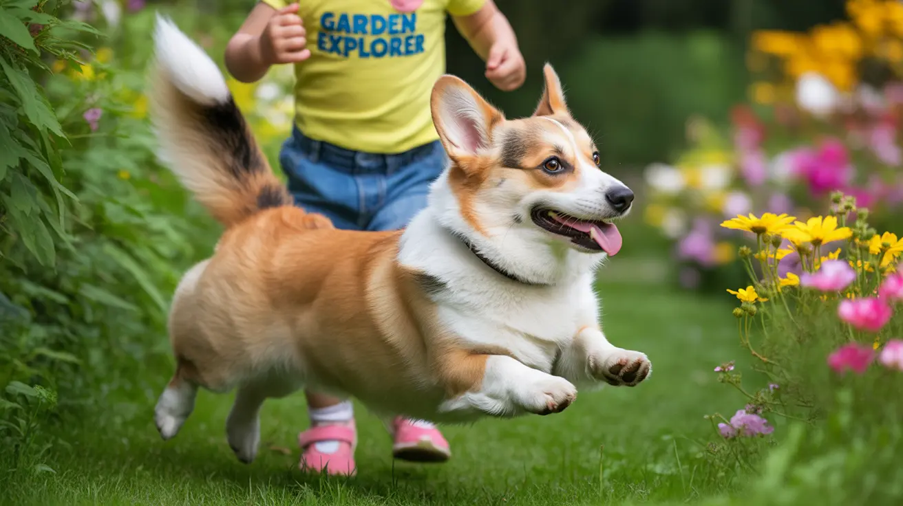 A playful Corgi mid-jump in a vibrant garden, with a child wearing a 'Garden Explorer' shirt nearby