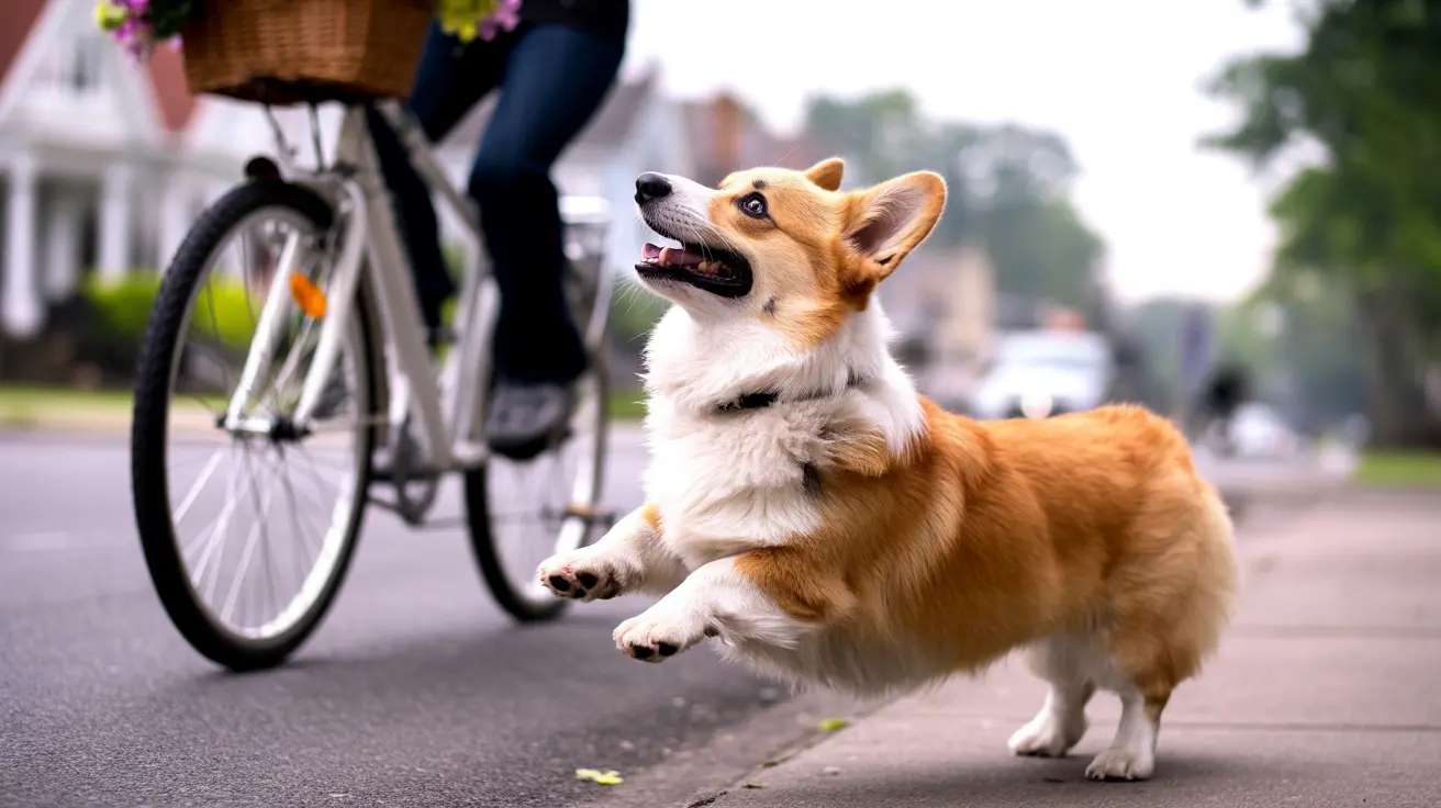 A playful Corgi leaping energetically alongside a bicycle on a suburban street