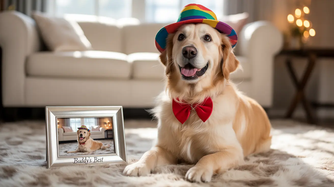 Playful Golden Retriever in rainbow hat and red bow tie on a soft rug in a cozy living room