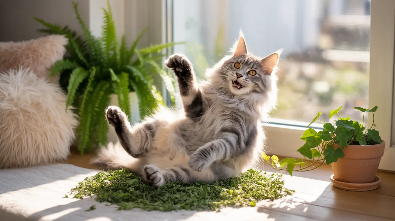 A playful Maine Coon cat sitting on a green mat near a window surrounded by houseplants