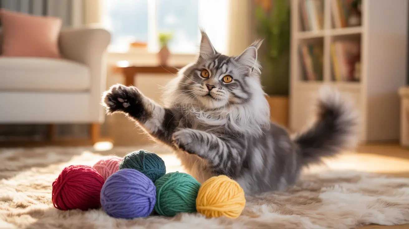 Playful Maine Coon cat batting at colorful yarn balls on a soft rug in a cozy living room
