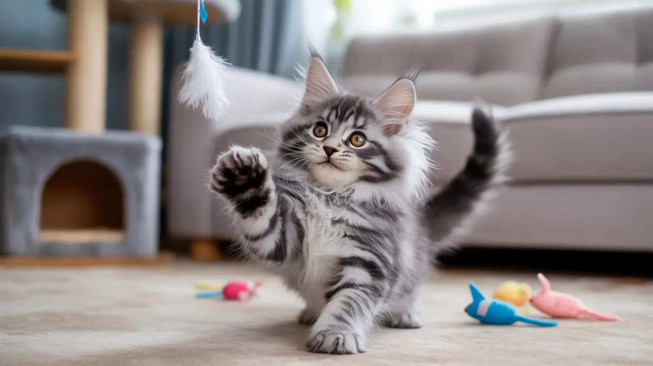 A playful Maine Coon kitten reaching up to catch a feather toy surrounded by colorful cat toys