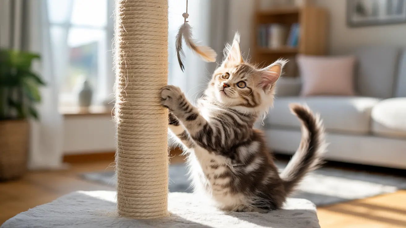 Playful Maine Coon kitten batting at hanging feather toy on scratching post