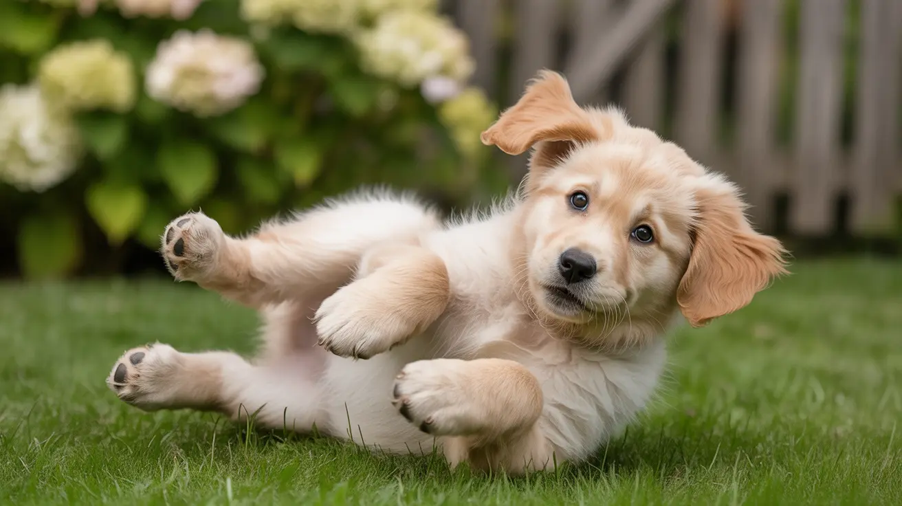 Playful mixed breed puppy running energetically across a green garden lawn
