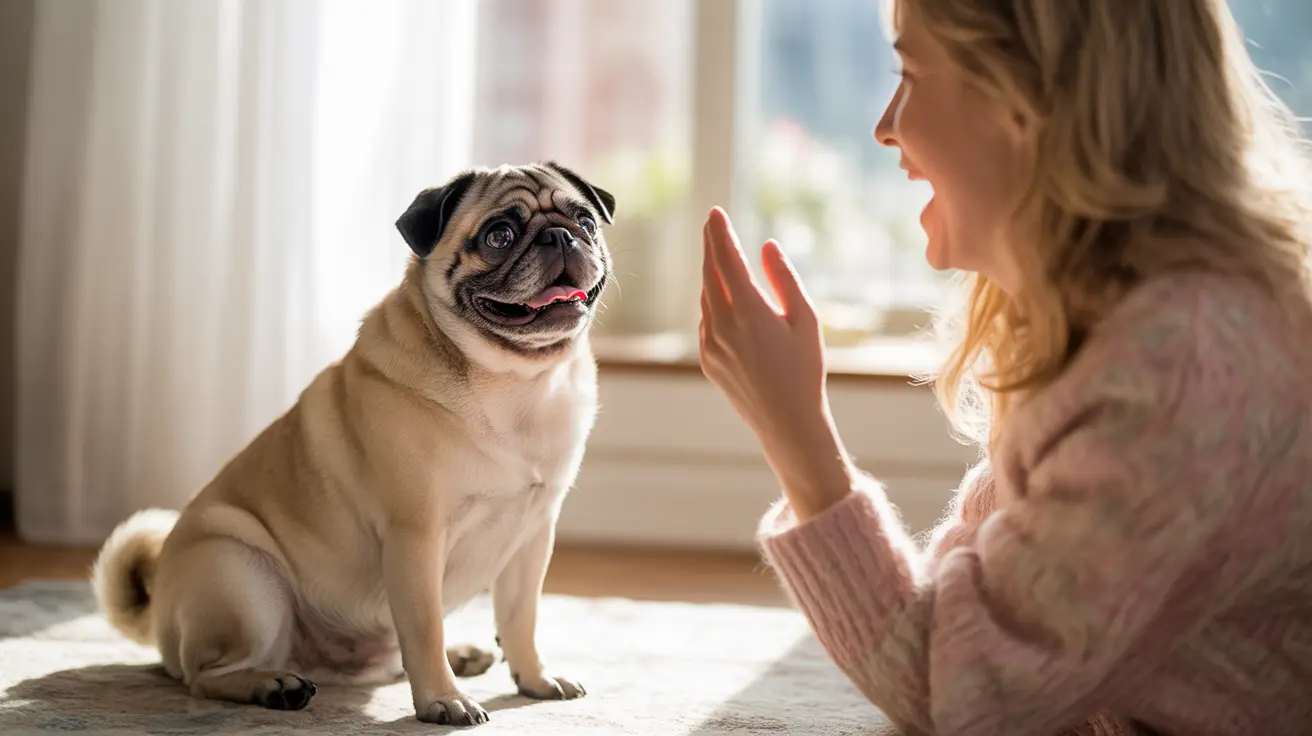 Um Pug brincalhão sentado e olhando atentamente para uma pessoa dentro de casa perto de uma janela.